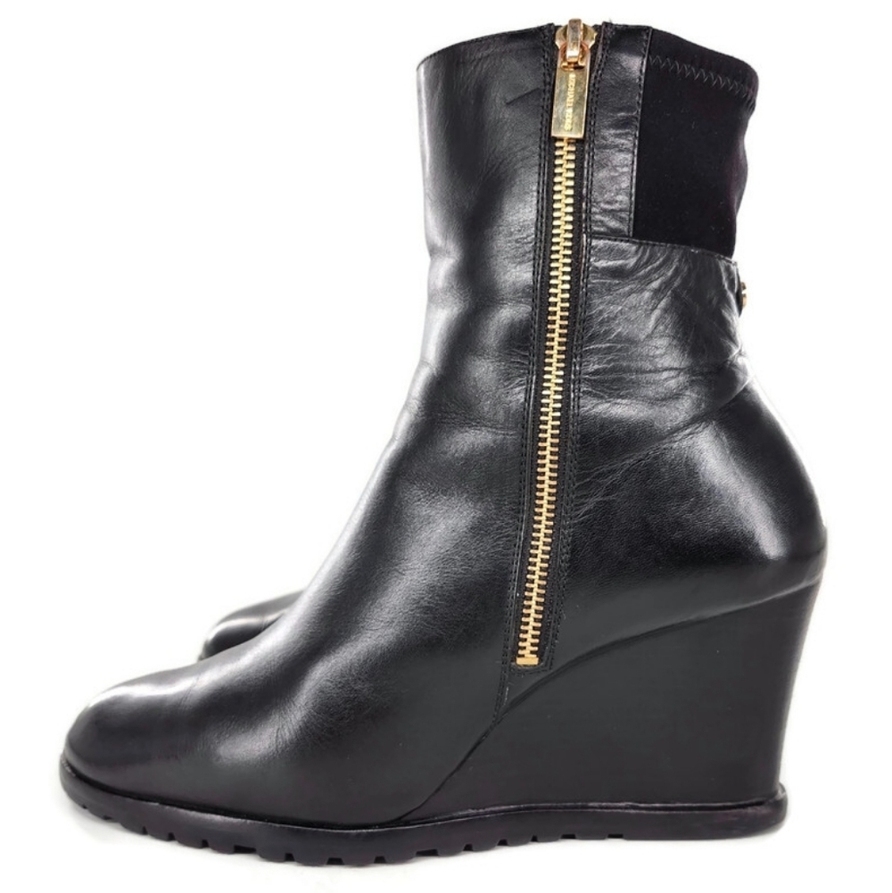 Michael Kors Aileen Black Leather Dual Gold Zip Wedge Heel Lug-Sole Ankle Boots - Picture 7 of 12